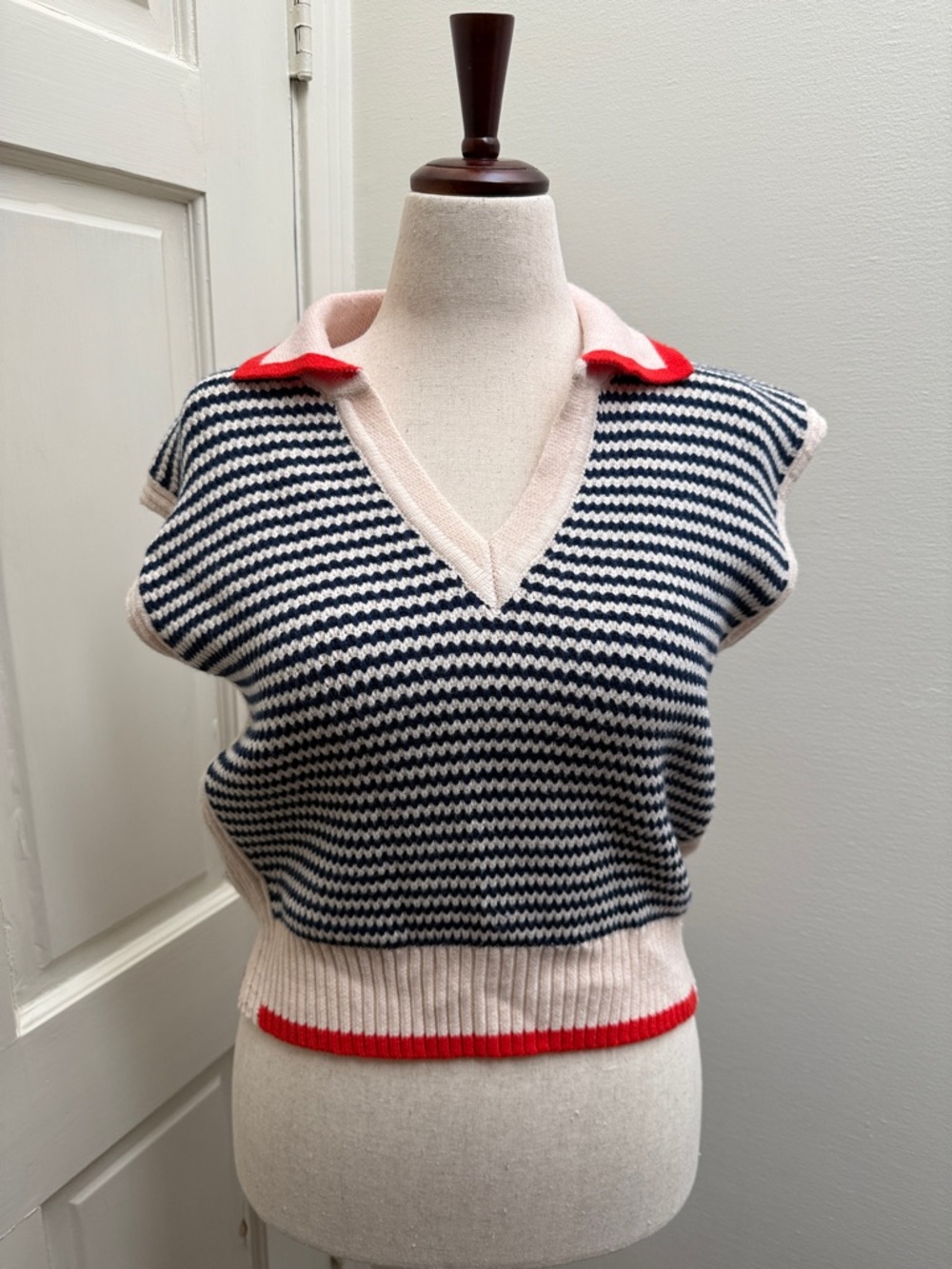 Striped Navy & Cream Sleeveless V-Neck Sweater with Red Trim